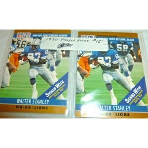 1990 Pro Set Walter Stanley 15 Error Card Detroit‎ Lions WR-R Misprint NFL Card